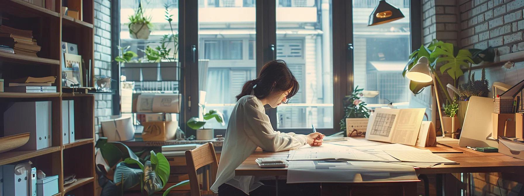 a focused student sits at a sleek, modern desk in a stylish, urban studio apartment, surrounded by architectural blueprints and financial planning materials, highlighting the balance between education costs and career aspirations in architecture.