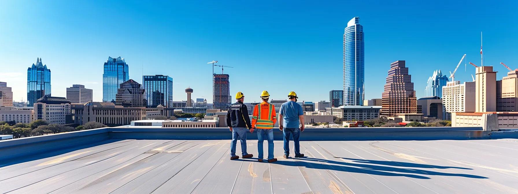 a focused urban setting showcases a team of professionals assessing a flat roof emergency on a commercial building in san antonio, marked by clear blue skies and the bustling cityscape in the background, emphasizing the urgency and expertise of the response. a focused urban setting showcases a team of professionals assessing a flat roof emergency on a commercial building in san antonio, marked by clear blue skies and the bustling cityscape in the background, emphasizing the urgency and expertise of the response.