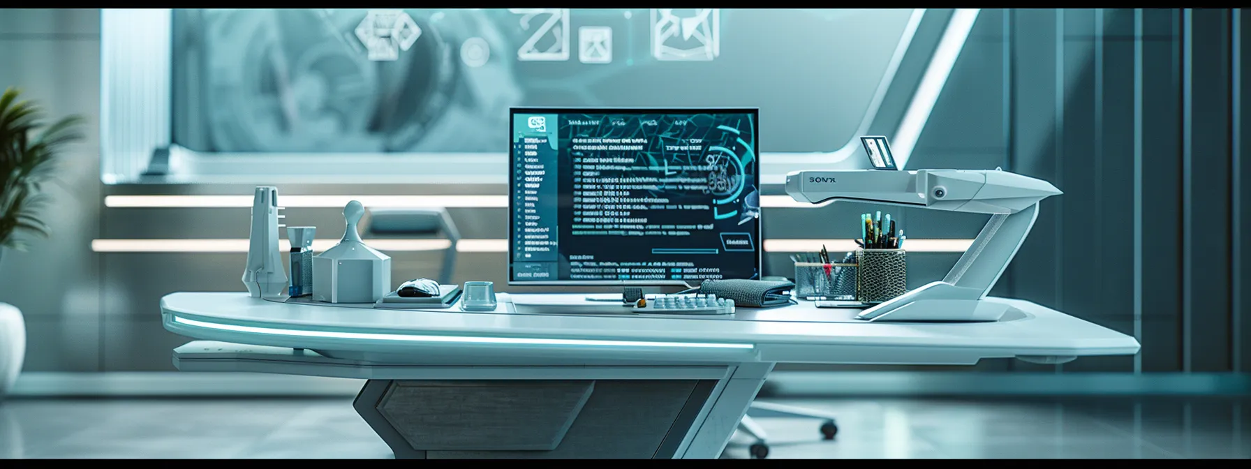a futuristic office desk with a sleek computer screen displaying an advanced email automation software interface, showcasing the cutting-edge technology shaping workplace productivity. a futuristic office desk with a sleek computer screen displaying an advanced email automation software interface, showcasing the cutting-edge technology shaping workplace productivity.