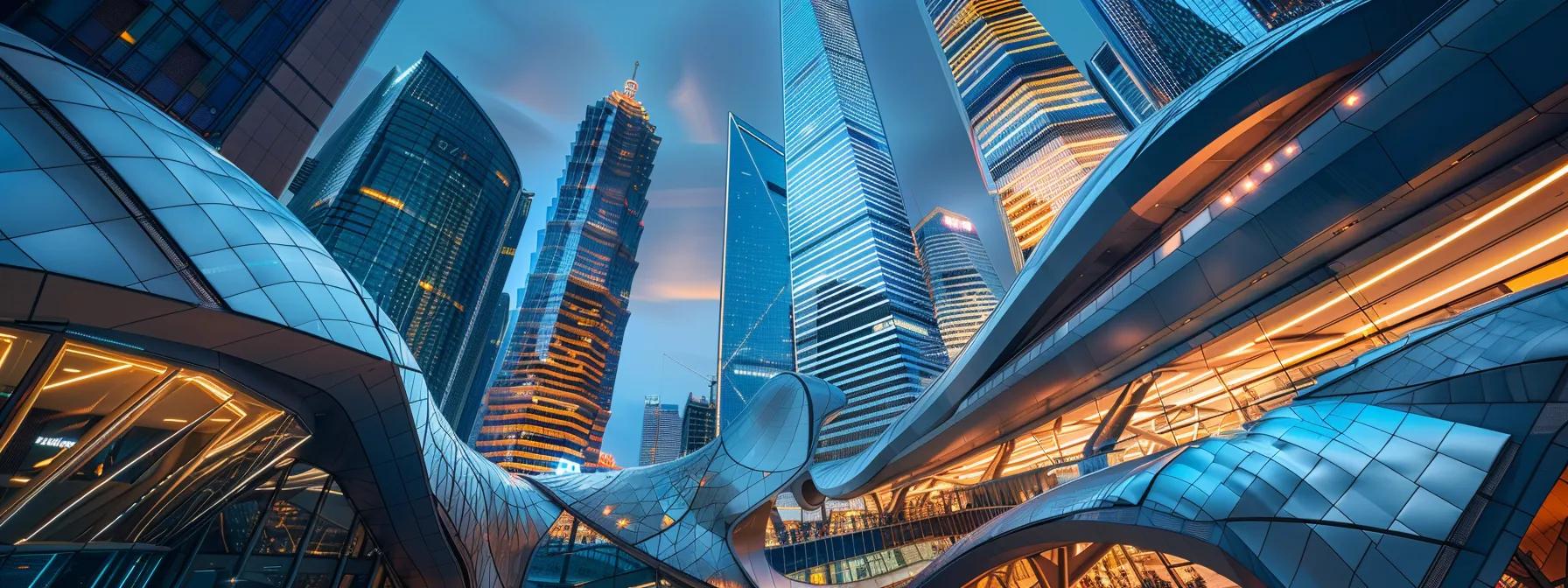 a futuristic urban skyline showcases a series of innovative buildings with fluid, geometric forms, illuminated by dramatic artificial lighting that highlights the intricacies of parametric design in contemporary architecture.