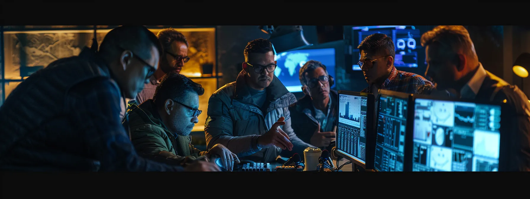 a group of diverse cyber experts huddled around a computer, brainstorming and analyzing data to enhance cloud security for venture capital investments.