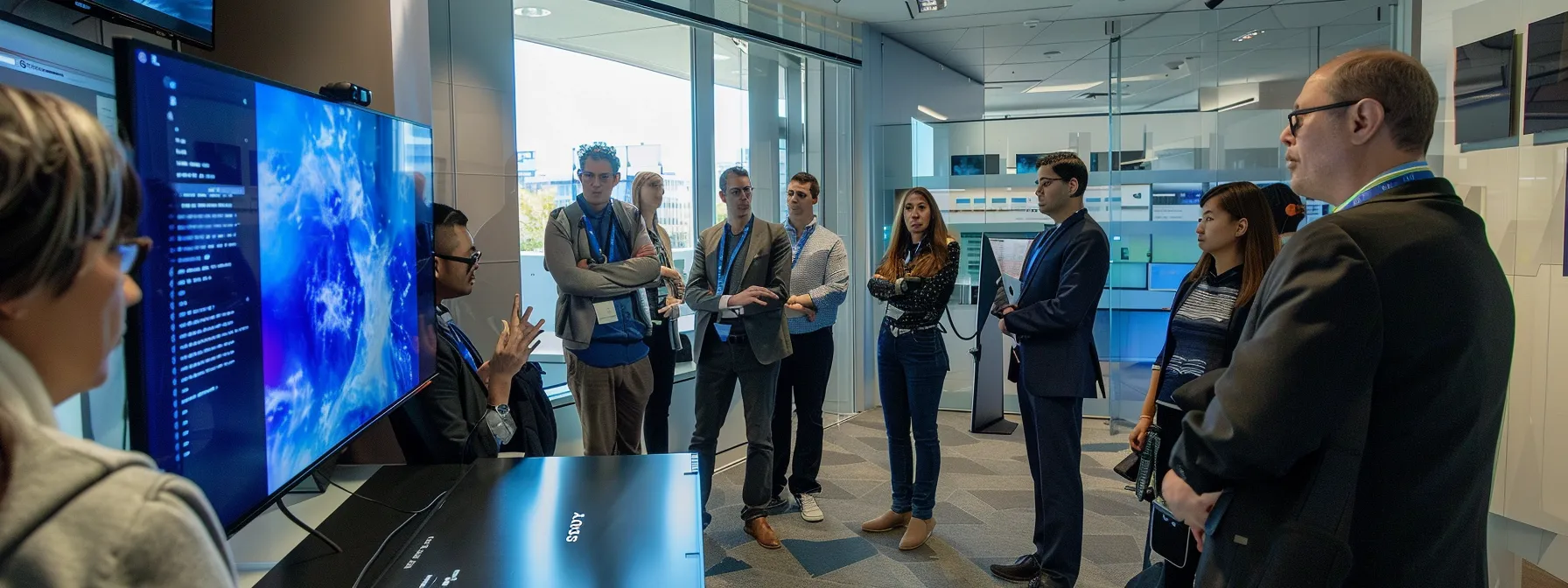 a group of employees gathered around a computer screen, captivated by a detailed email automation demonstration. a group of employees gathered around a computer screen, captivated by a detailed email automation demonstration.