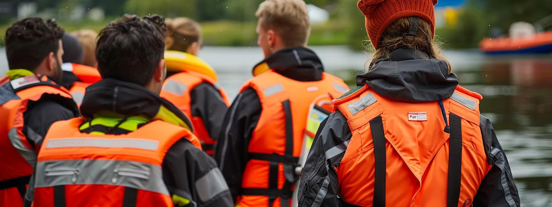 a group of people in bright, safety-colored life jackets attentively participating in an emergency briefing on a bustling riverbank, surrounded by equipment, with a clear focus on emergency signals and first aid demonstrations.