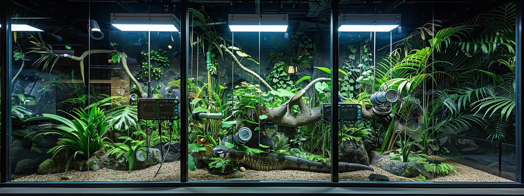 a high-tech reptile habitat features strategically placed digital gauges and sensors displaying temperature and humidity levels in an advanced, modern enclosure, illuminated by ambient led lighting that accentuates the sleek design and emphasizes the importance of environmental monitoring for reptile health. a high-tech reptile habitat features strategically placed digital gauges and sensors displaying temperature and humidity levels in an advanced, modern enclosure, illuminated by ambient led lighting that accentuates the sleek design and emphasizes the importance of environmental monitoring for reptile health.