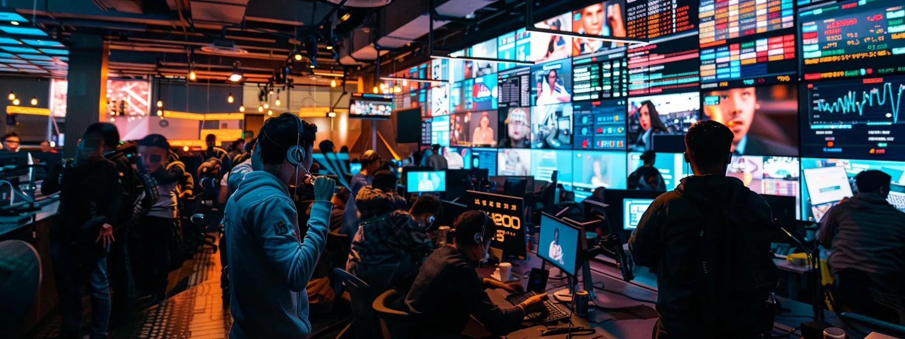 a high-energy newsroom filled with busy media professionals, illuminated by vibrant screens displaying breaking news, as a poised spokesperson prepares for an urgent press briefing amid a backdrop of focused reporters and monitors tracking real-time social media trends.