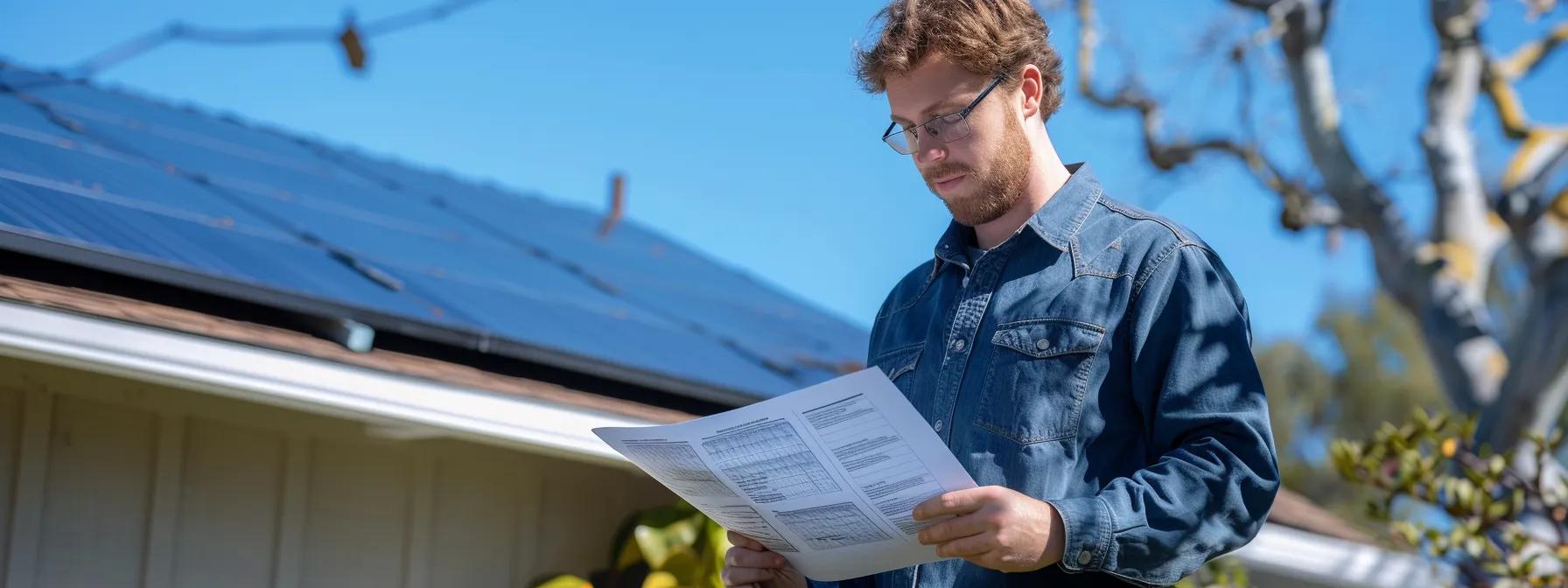 a homeowner inspecting solar panels on a roof, surrounded by certificates and paperwork outlining eligibility criteria for claiming tax credits. a homeowner inspecting solar panels on a roof, surrounded by certificates and paperwork outlining eligibility criteria for claiming tax credits.