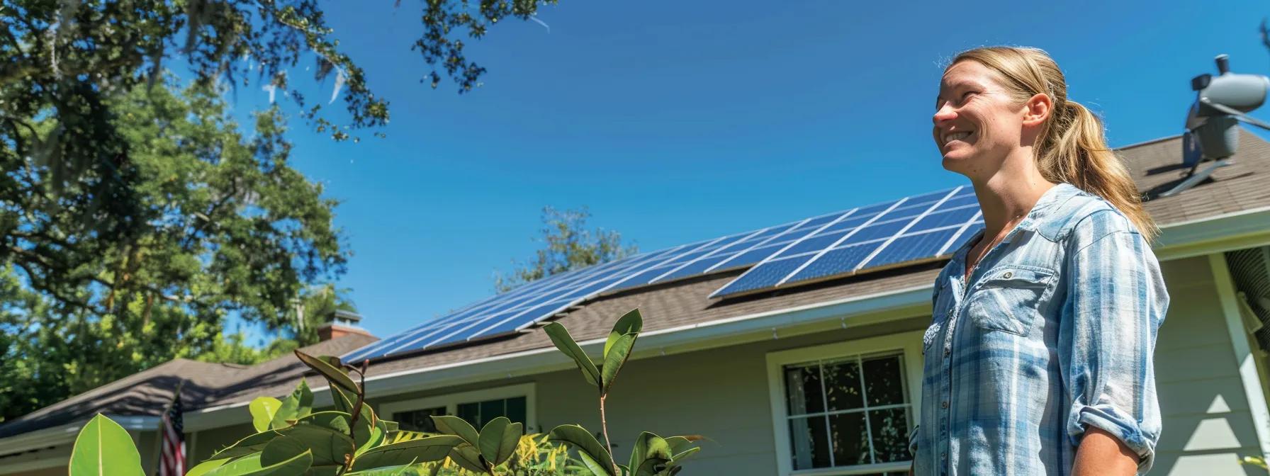 a homeowner smiling proudly beside their newly installed solar panels, surrounded by leafy green trees under a clear blue sky, showcasing the sustainable energy source maximizing savings with solar energy tax credits. a homeowner smiling proudly beside their newly installed solar panels, surrounded by leafy green trees under a clear blue sky, showcasing the sustainable energy source maximizing savings with solar energy tax credits.
