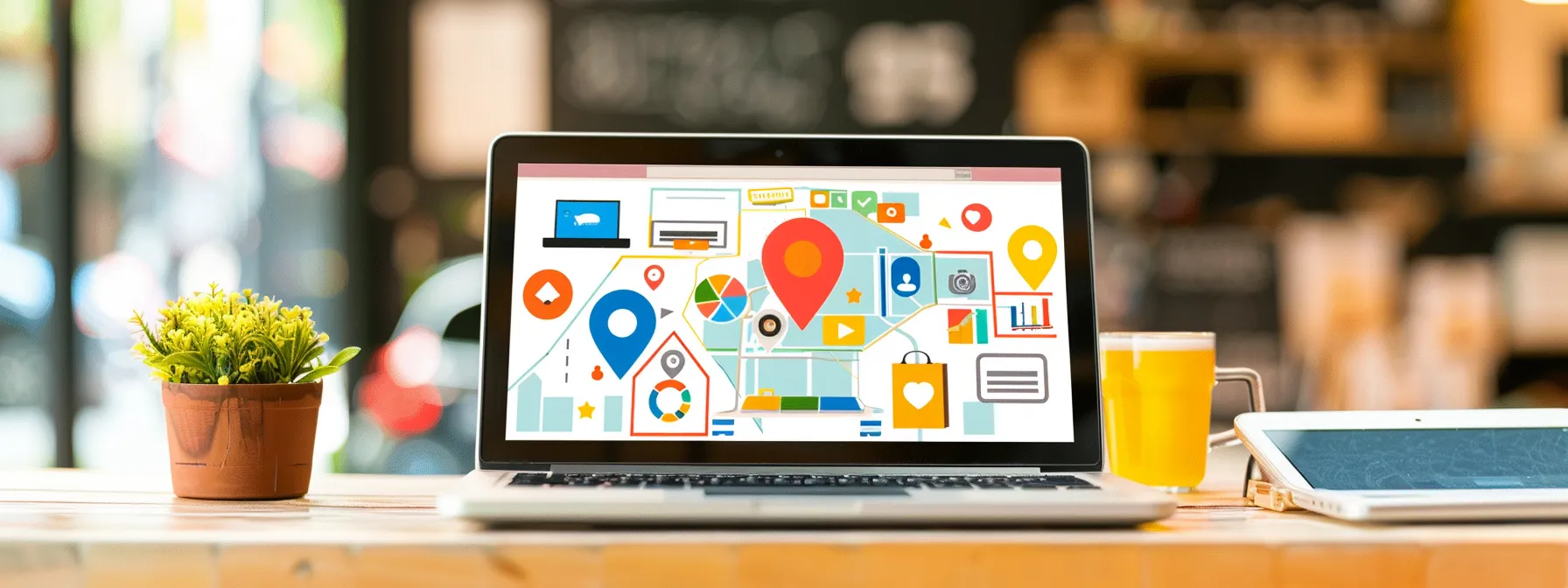 a laptop displaying a vibrant google my business profile for an online retailer, showcasing positive customer reviews, local deals, and event promotions. a laptop displaying a vibrant google my business profile for an online retailer, showcasing positive customer reviews, local deals, and event promotions.
