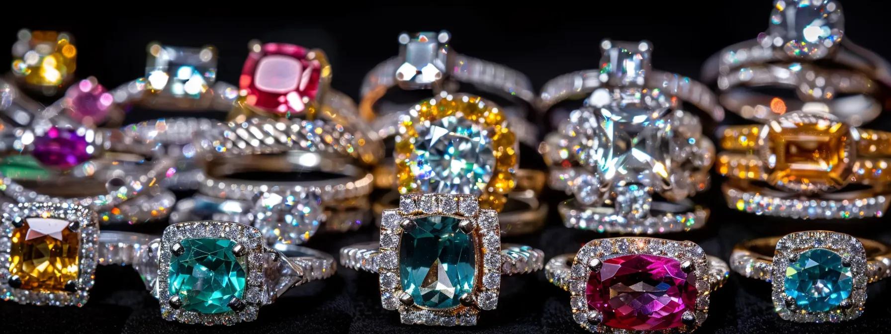 a lavish display of intricately designed women's wedding rings, showcasing an array of sparkling gemstones under professional studio lighting, emphasizing the luxurious detailing and varied colors that influence their final prices.