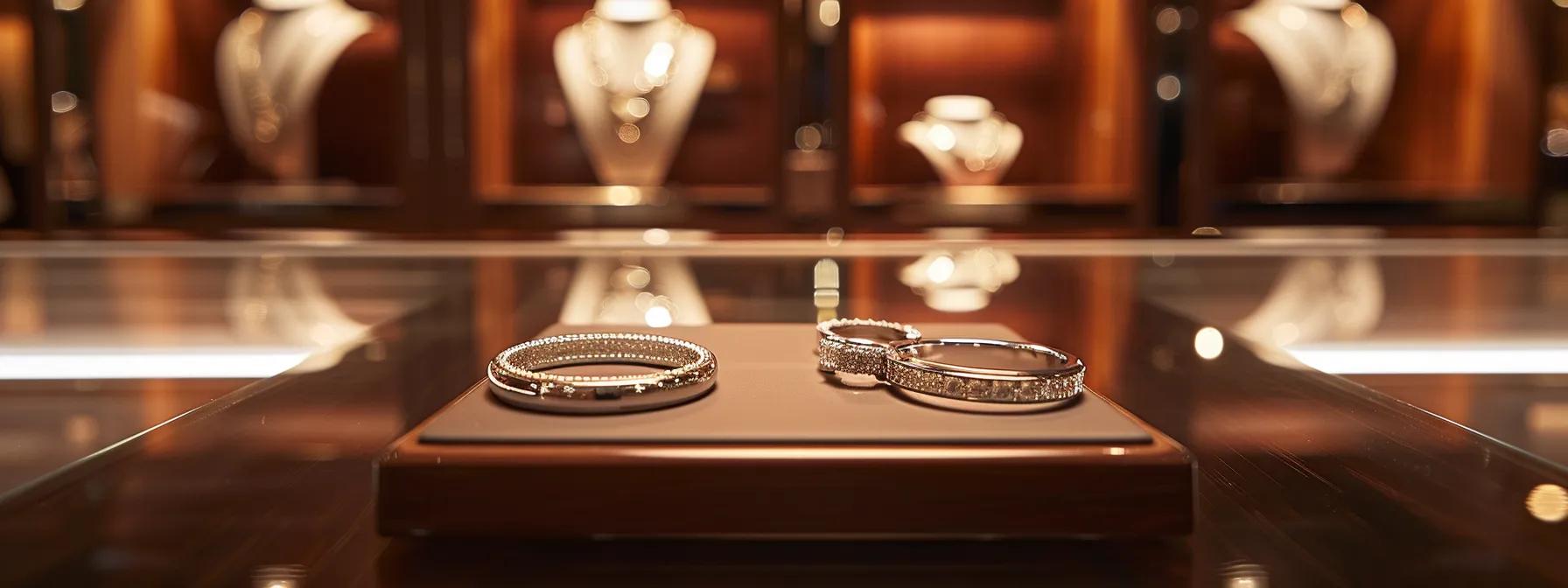a luxurious and intimate jewelry display showcases a pair of elegantly crafted wedding bands, each reflecting modern design trends and material sophistication, set against a softly lit, tastefully decorated urban boutique backdrop. a luxurious and intimate jewelry display showcases a pair of elegantly crafted wedding bands, each reflecting modern design trends and material sophistication, set against a softly lit, tastefully decorated urban boutique backdrop.