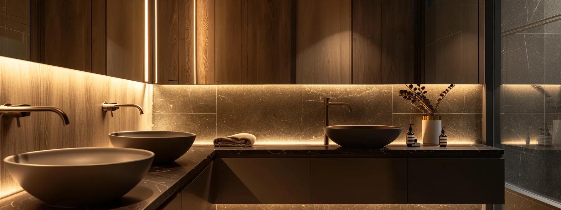 a luxurious, contemporary bathroom features striking sculptural basins and minimalist tapware, with sleek cabinetry and elegant lighting that create a warm, sophisticated atmosphere, exemplifying the harmonious blend of form and function in modern design.