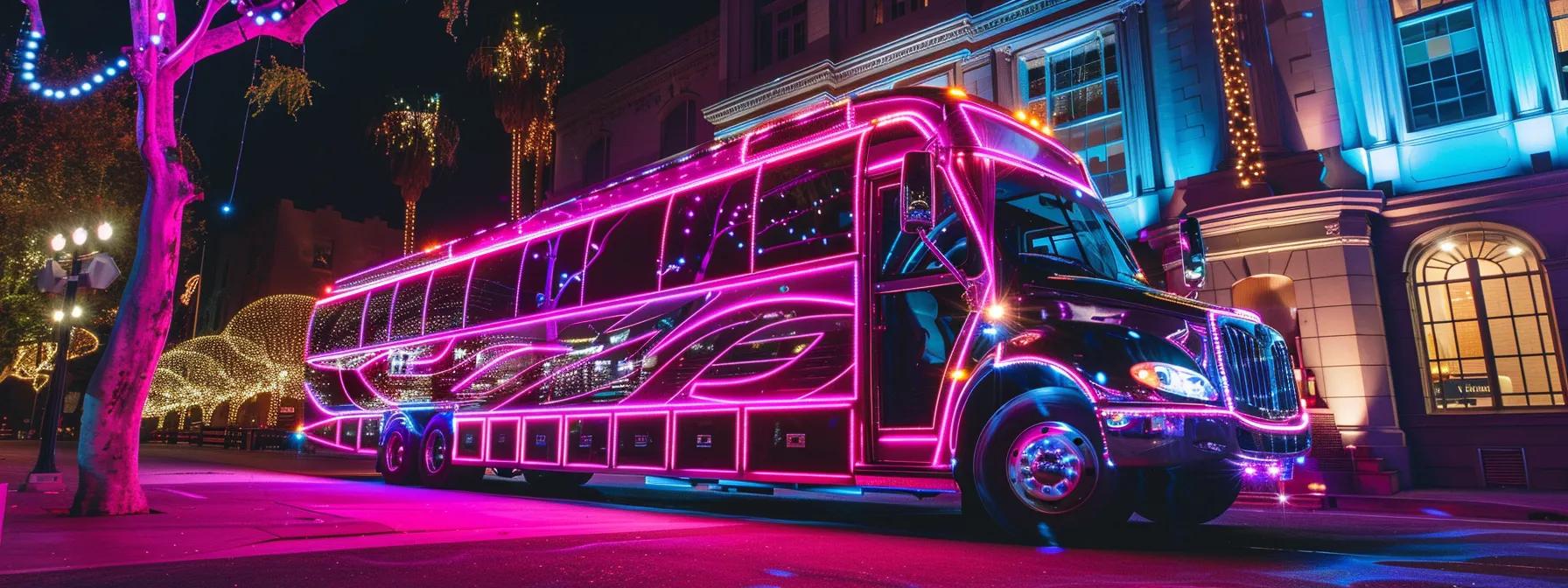 a luxurious party bus adorned with elegant wedding decorations is parked outside a sophisticated urban venue, illuminated by vibrant city lights, capturing the excitement of a wedding celebration. a luxurious party bus adorned with elegant wedding decorations is parked outside a sophisticated urban venue, illuminated by vibrant city lights, capturing the excitement of a wedding celebration.