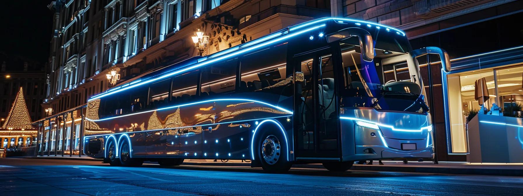 a luxurious party bus, elegantly decorated with soft ambient lighting, stands prominently against an upscale urban backdrop, ready to transport a stylish wedding party celebrating their special day. a luxurious party bus, elegantly decorated with soft ambient lighting, stands prominently against an upscale urban backdrop, ready to transport a stylish wedding party celebrating their special day.
