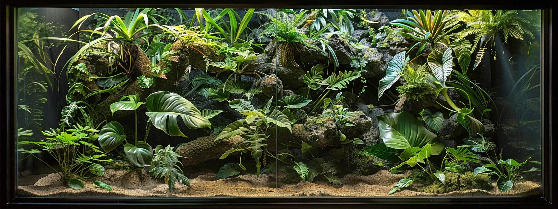 a meticulously arranged bioactive reptile habitat showcases vibrant living plants and a rich substrate, capturing the intricate interplay of ecosystems within a sleek, modern enclosure designed for optimal reptile health. a meticulously arranged bioactive reptile habitat showcases vibrant living plants and a rich substrate, capturing the intricate interplay of ecosystems within a sleek, modern enclosure designed for optimal reptile health.