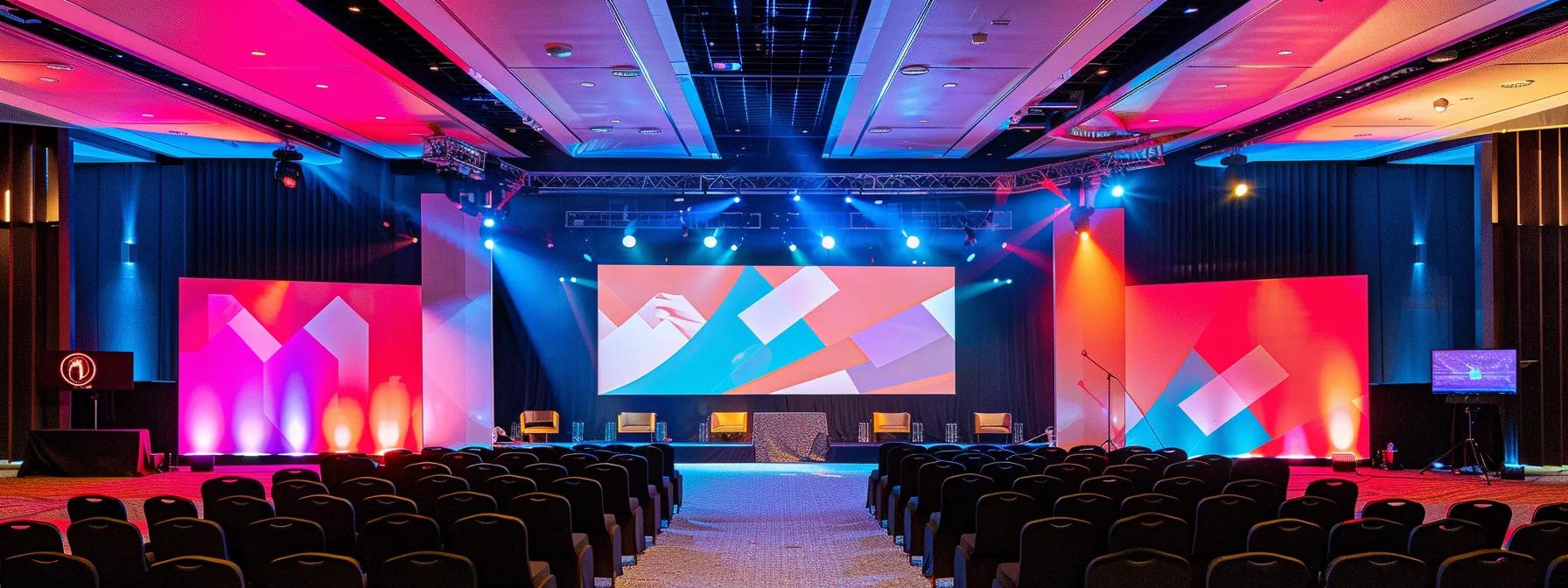 a meticulously arranged event space in australia showcases a large led display, surrounded by advanced av equipment and professional cameras, all set against a backdrop of a sleek modern conference setup.