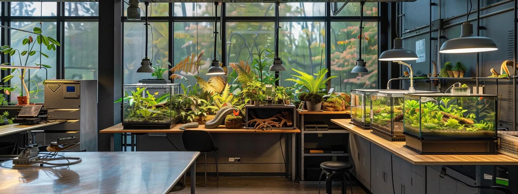 a meticulously arranged indoor reptile care setup showcases tailored terrarium supplies, featuring diverse habitat environments for various reptile species against a sleek, modern office backdrop. a meticulously arranged indoor reptile care setup showcases tailored terrarium supplies, featuring diverse habitat environments for various reptile species against a sleek, modern office backdrop.