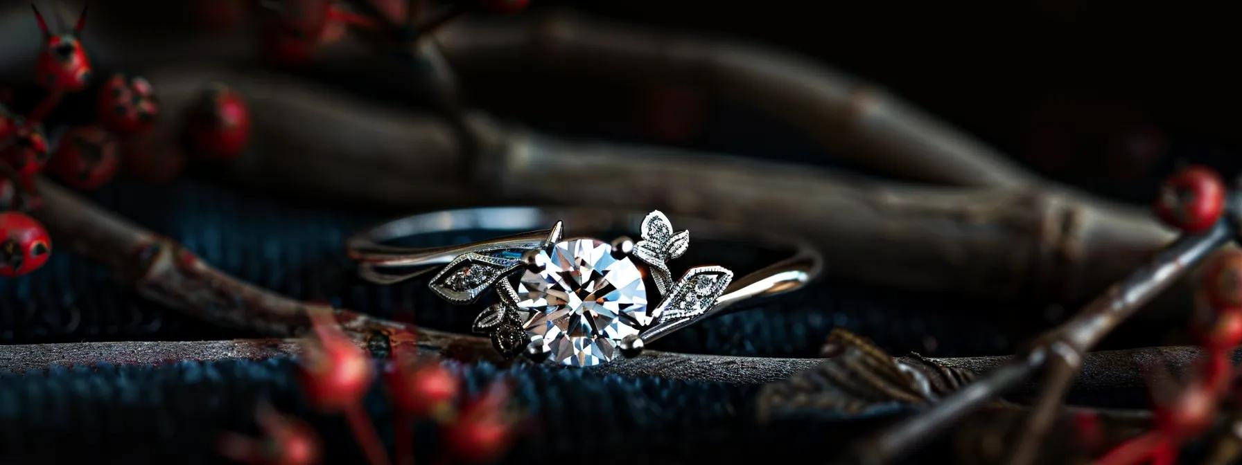 a meticulously crafted engagement ring, featuring intricate floral engravings and a gleaming gemstone, is presented against a sleek, dark velvet backdrop in a modern jewelry boutique, highlighting the elegance and artistry inspired by nature.