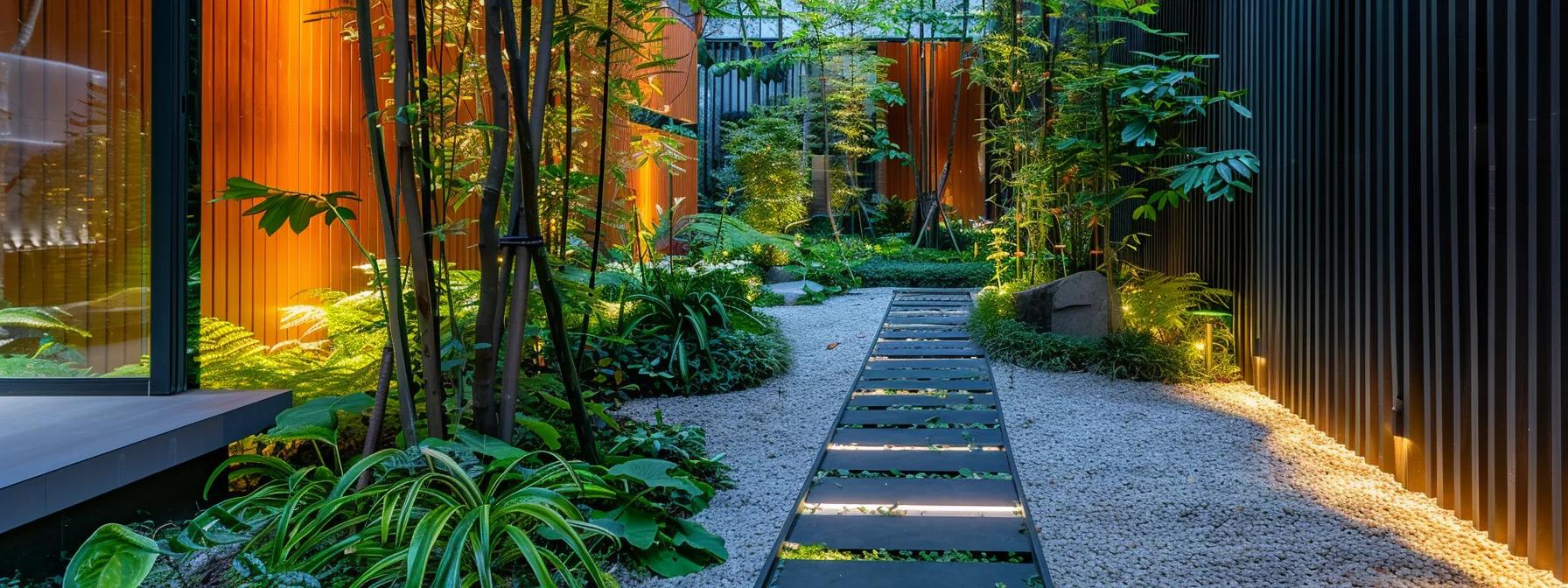 a meticulously designed small garden nestled within a modern urban space, featuring innovative layout techniques that create an illusion of spaciousness, highlighted by sleek pathways and vibrant, carefully arranged plants under soft artificial lighting. a meticulously designed small garden nestled within a modern urban space, featuring innovative layout techniques that create an illusion of spaciousness, highlighted by sleek pathways and vibrant, carefully arranged plants under soft artificial lighting.