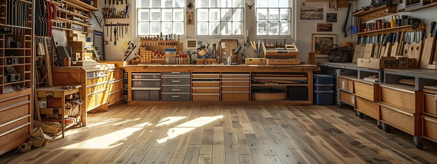 a meticulously organised workshop filled with a variety of tools and wood floor samples, prominently featuring a beautifully refinished wooden floor that showcases its rich texture and gleaming finish under warm, focused overhead lighting. a meticulously organised workshop filled with a variety of tools and wood floor samples, prominently featuring a beautifully refinished wooden floor that showcases its rich texture and gleaming finish under warm, focused overhead lighting.
