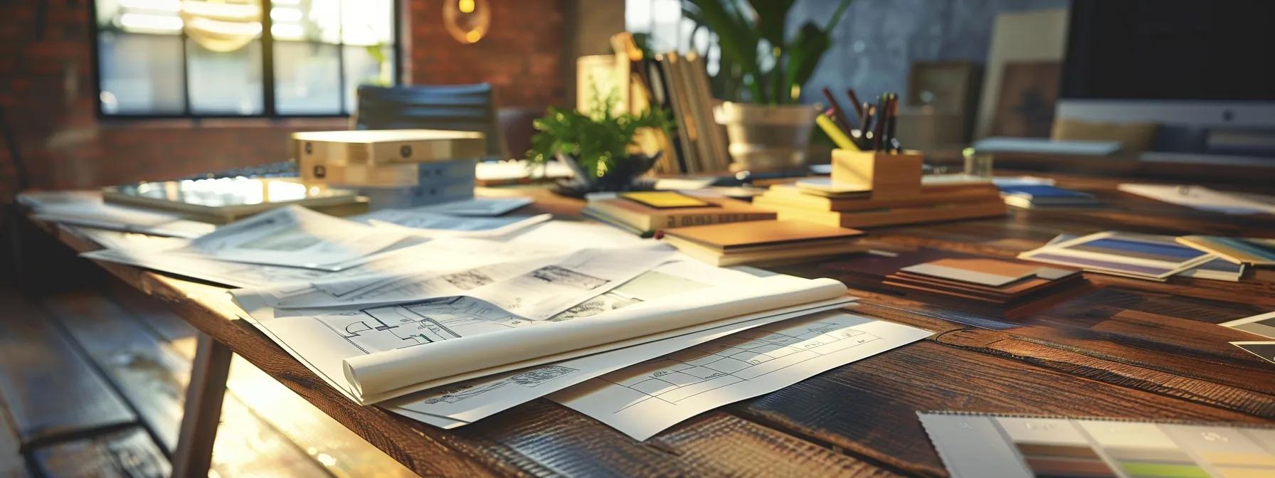 a meticulously organized bathroom remodel planning workspace features an elegant wooden table strewn with blueprints, color swatches, and design samples, illuminated by warm overhead lighting in a sleek, minimalist urban office environment. a meticulously organized bathroom remodel planning workspace features an elegant wooden table strewn with blueprints, color swatches, and design samples, illuminated by warm overhead lighting in a sleek, minimalist urban office environment.