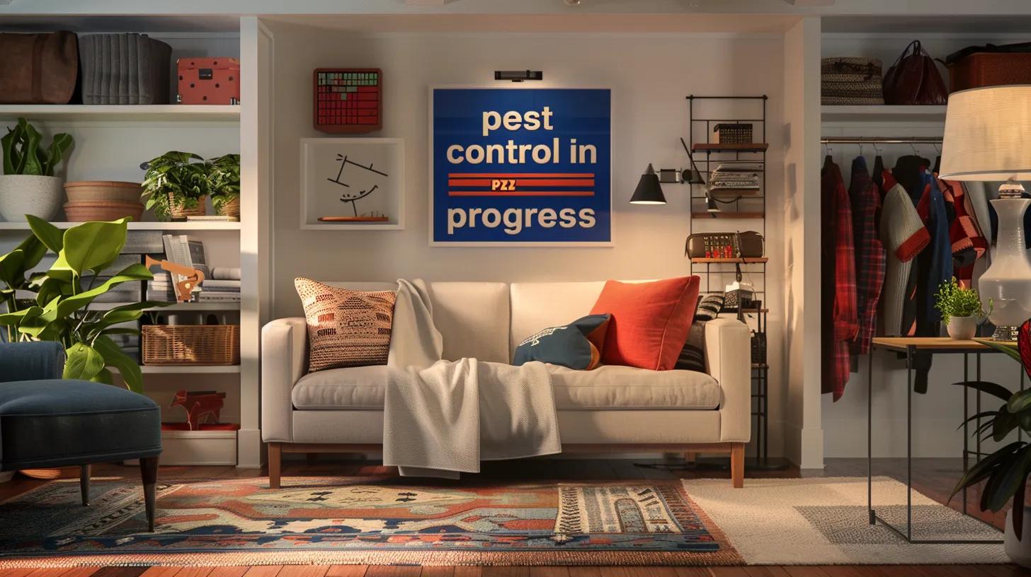 A tidy living room with a couch and a wall poster that reads 'Pest Control in Progress,' illustrating preparation for a pest control service visit.
