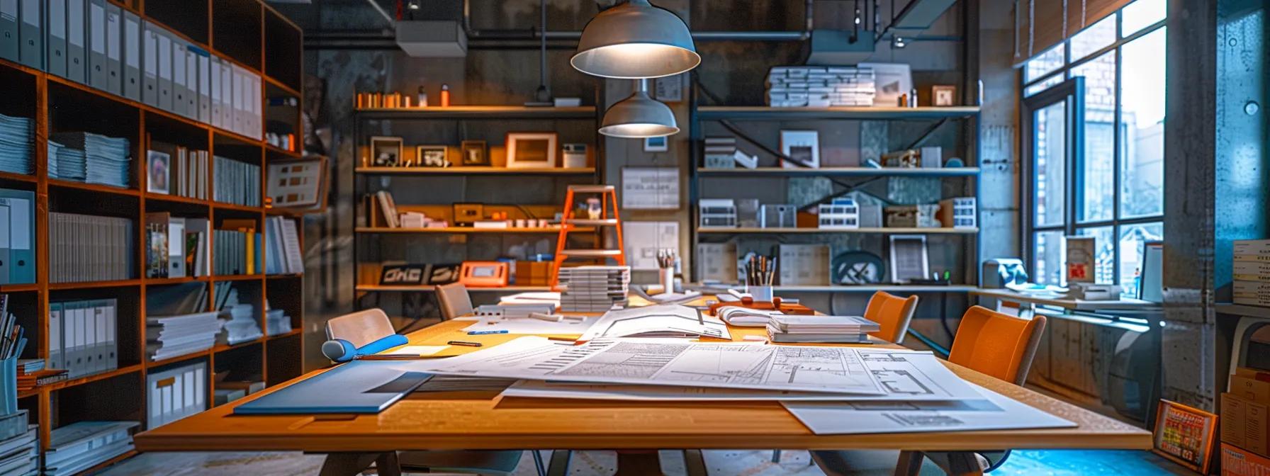 a meticulously organized construction office, featuring a large conference table covered in detailed blueprints and construction bids, illuminated by bright overhead lighting, captures the essence of strategic planning and cost management in custom home construction. a meticulously organized construction office, featuring a large conference table covered in detailed blueprints and construction bids, illuminated by bright overhead lighting, captures the essence of strategic planning and cost management in custom home construction.