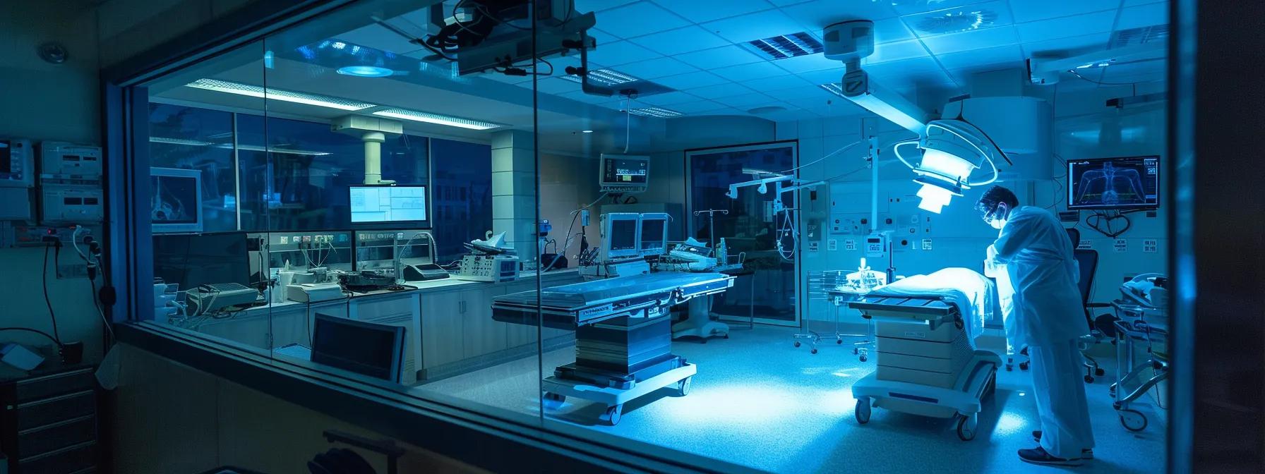 a meticulously organized x-ray room showcases the precise installation process of radiation protective lead glass, featuring professional technicians engaged in careful measurements and planning amidst advanced medical equipment.