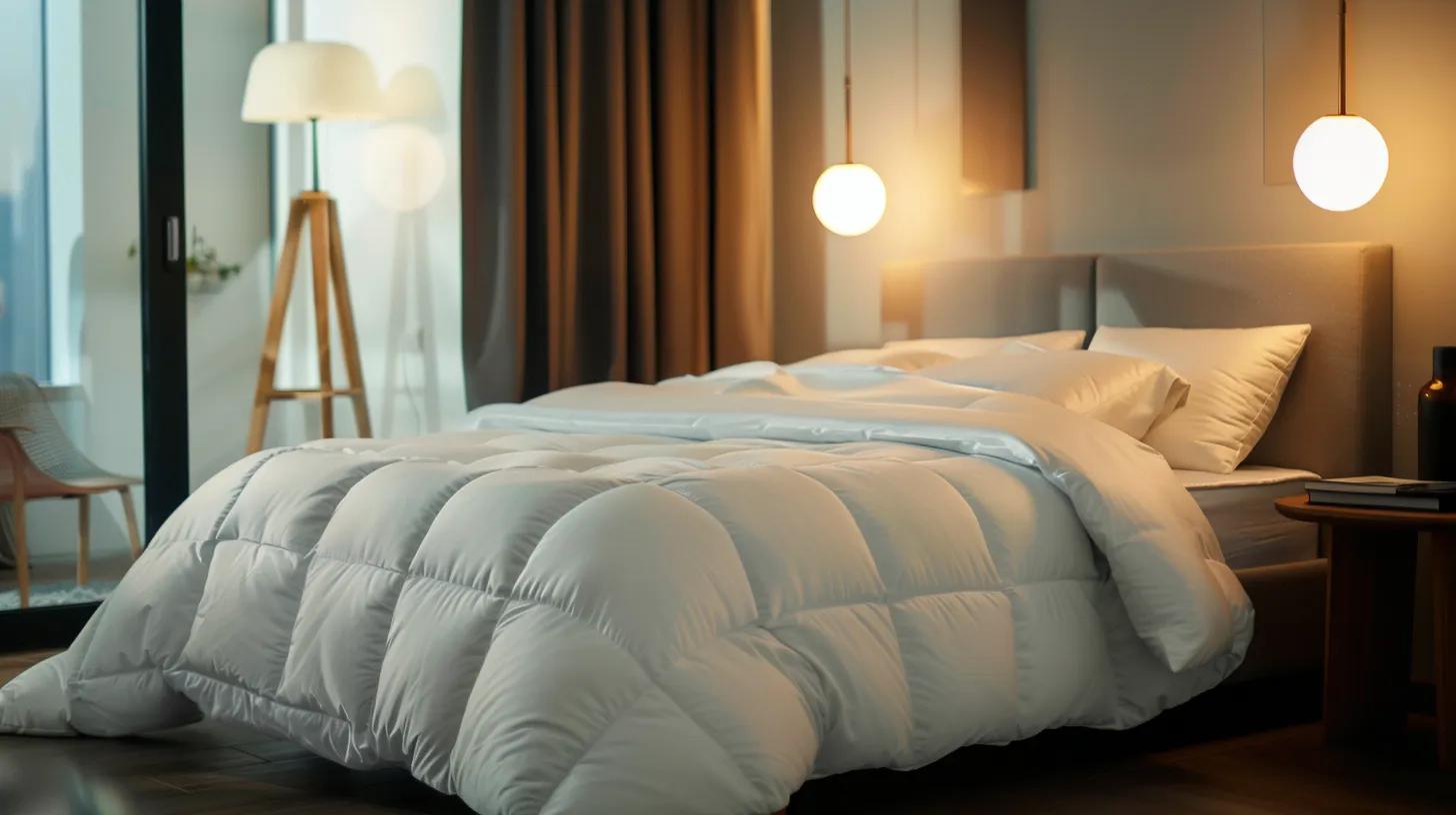 a modern, airy bedroom featuring a luxurious pcm cooling comforter in crisp white, elegantly spread across a neatly made bed, with soft ambient lighting accentuating the serene atmosphere for a perfect summer sleep experience.