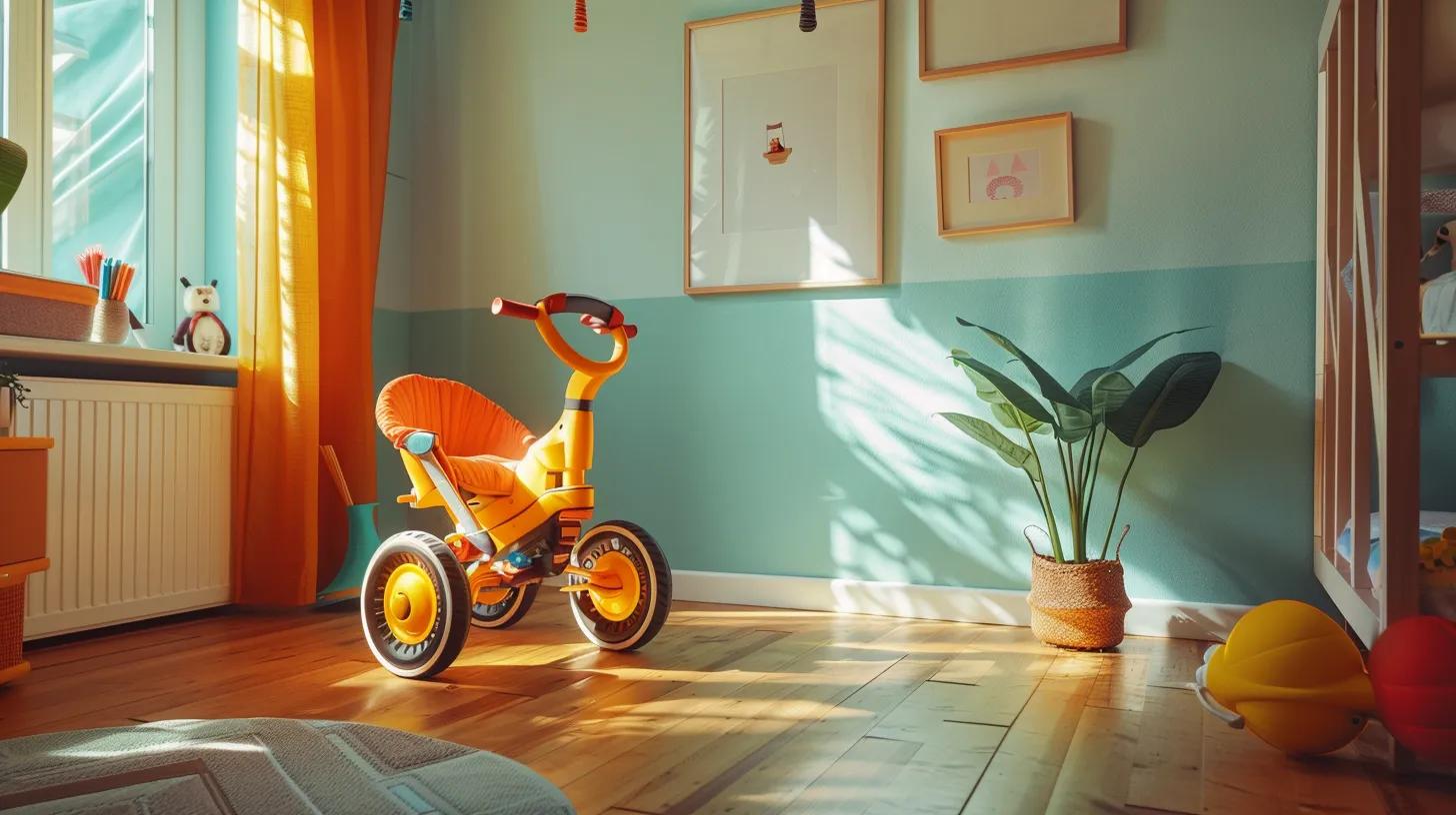 a modern, brightly lit nursery showcases a sleek, vibrant baby trike prominently displayed on a stylish wooden floor, highlighting safety features and quality materials in a contemporary setting.