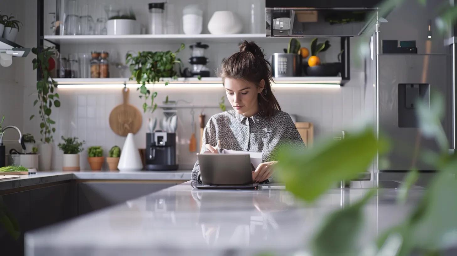 a modern, bustling kitchen filled with tidy, organized spaces, where a focused individual collaborates with a digital planner on a sleek countertop, emphasizing efficient home management amidst a busy summer schedule.