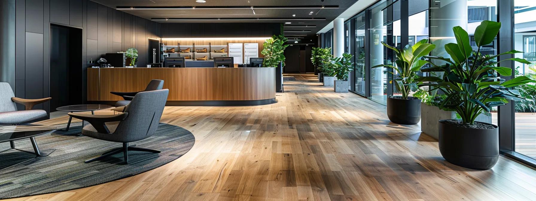 a modern, bustling office space in brisbane showcases various durable flooring options, with attractive samples displayed prominently against sleek, contemporary furnishings, highlighting their strength and aesthetic appeal in a high-traffic environment.