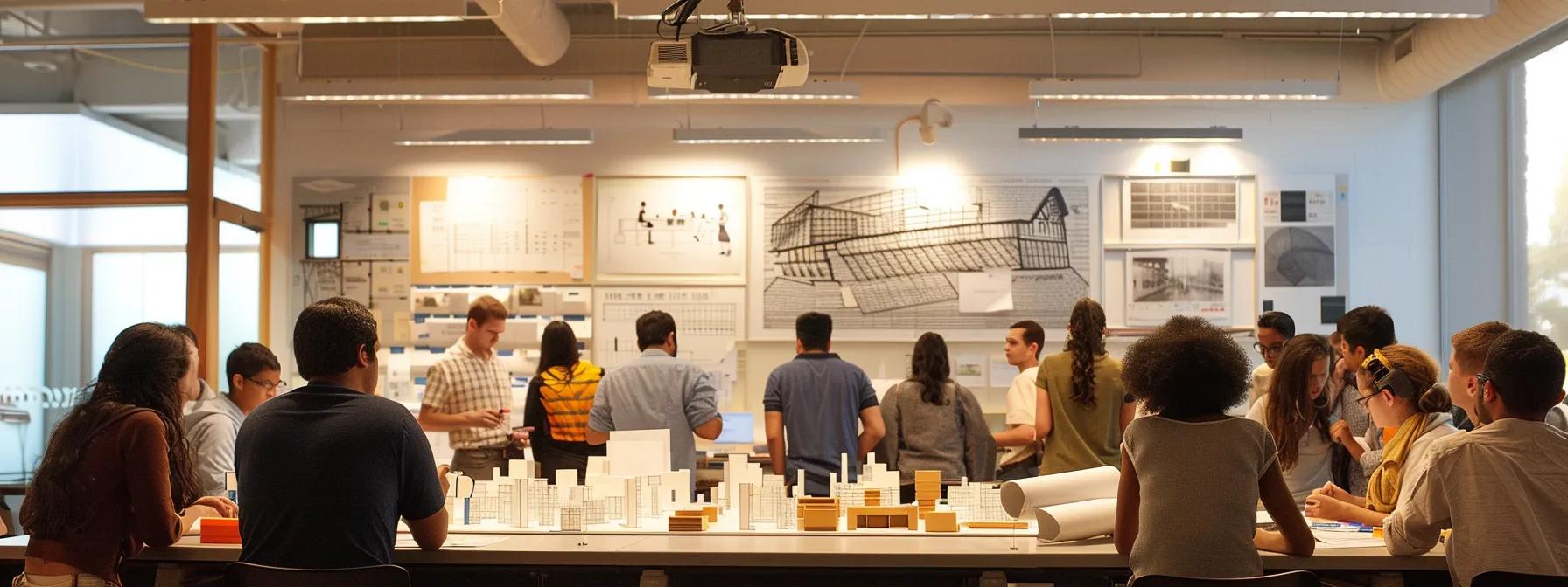 a modern classroom filled with diverse students intently discussing architectural blueprints and models, illuminated by sleek overhead lighting and surrounded by inspiring design sketches on the walls.