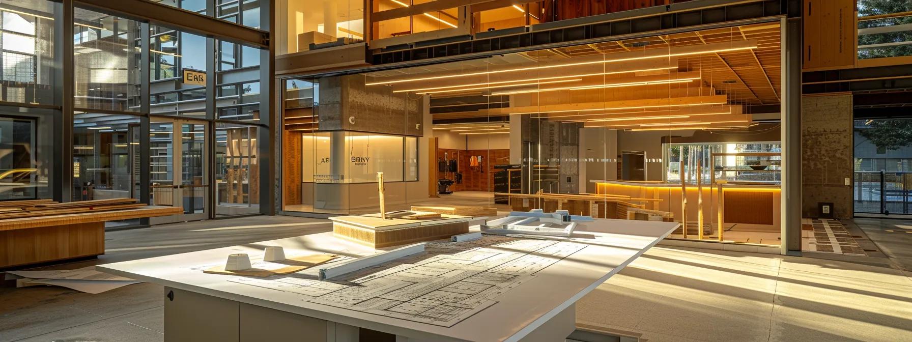 a modern construction office showcasing a detailed blueprint of a residential foundation and framing design, illuminated by bright overhead lights and surrounded by samples of materials such as reinforced concrete and insulated framing options, emphasizing the meticulous planning and cost considerations involved in building. a modern construction office showcasing a detailed blueprint of a residential foundation and framing design, illuminated by bright overhead lights and surrounded by samples of materials such as reinforced concrete and insulated framing options, emphasizing the meticulous planning and cost considerations involved in building.