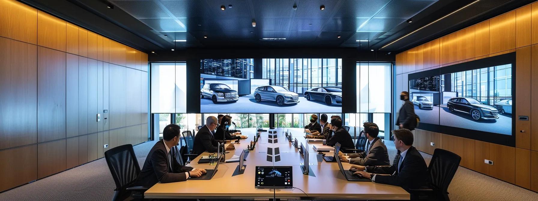 a modern corporate office setting features a sleek conference table surrounded by professionals evaluating a range of high-tech vehicle models displayed on a large screen, highlighting the strategic discussion on fleet options and transportation needs. a modern corporate office setting features a sleek conference table surrounded by professionals evaluating a range of high-tech vehicle models displayed on a large screen, highlighting the strategic discussion on fleet options and transportation needs.