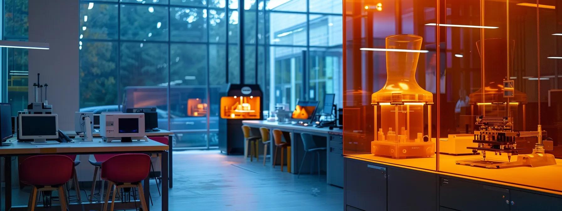 a modern innovation lab, showcasing a sleek 3d printer in action, surrounded by intricate, translucent prototypes and high-tech cad screens, emphasizing the rapid prototyping process and its role in advancing product development across industries.