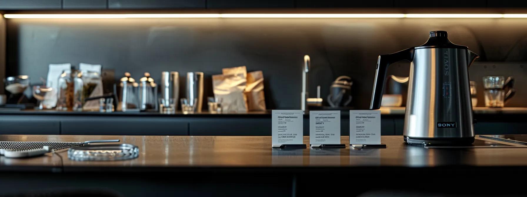 a modern kitchen countertop displays an elegant assortment of labeled tea bags alongside a sleek kettle, highlighting vivid brewing instructions on minimalist cards that emphasize optimal temperature, steeping time, and water-to-tea ratios for each variety. a modern kitchen countertop displays an elegant assortment of labeled tea bags alongside a sleek kettle, highlighting vivid brewing instructions on minimalist cards that emphasize optimal temperature, steeping time, and water-to-tea ratios for each variety.