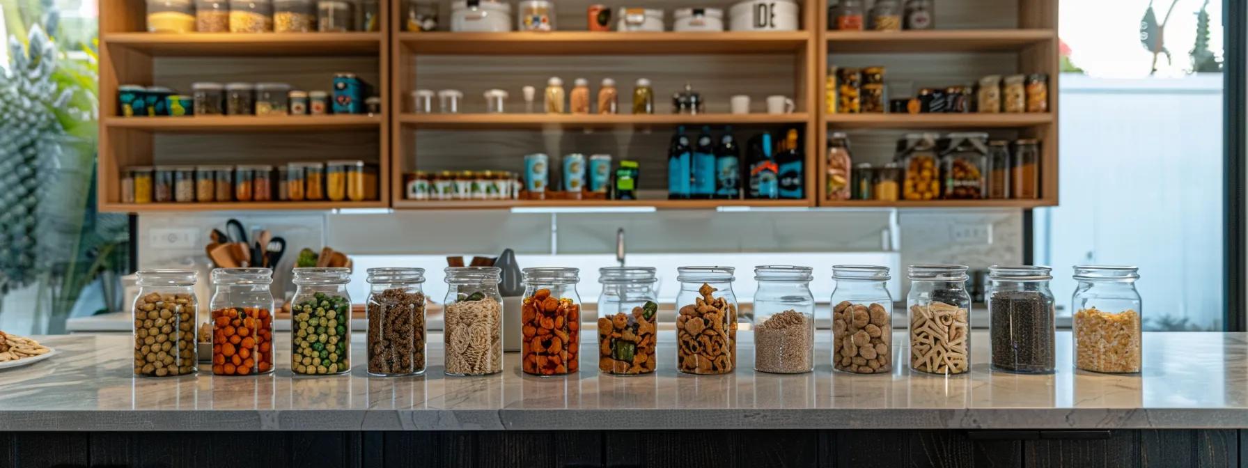 a modern kitchen countertop is thoughtfully arranged with an array of colorful, hypoallergenic dog treats alongside clear ingredient labels, emphasizing the importance of mindful selection for sensitive canines.