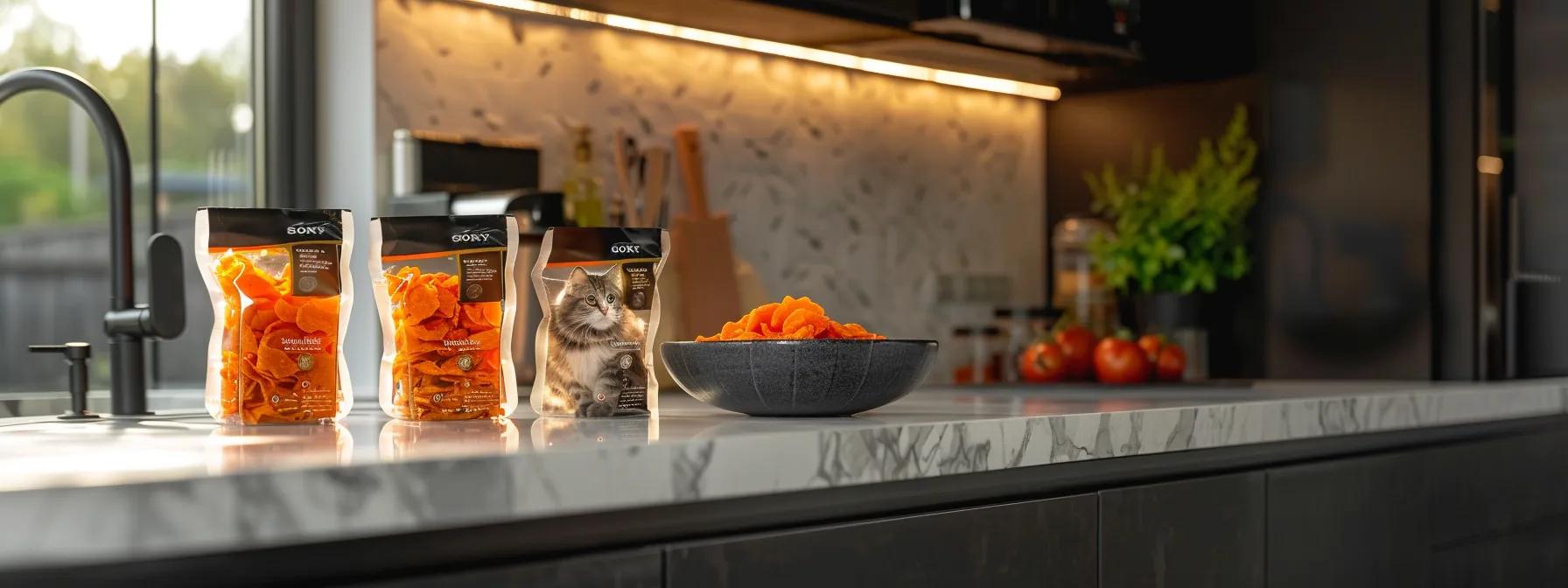 a modern kitchen countertop showcases an array of vibrant freeze-dried cat food packages, with a sleek pet food bowl prominently displayed in the foreground, emphasizing nutritional variety and contemporary pet care. a modern kitchen countertop showcases an array of vibrant freeze-dried cat food packages, with a sleek pet food bowl prominently displayed in the foreground, emphasizing nutritional variety and contemporary pet care.