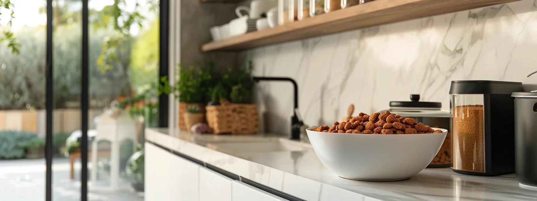 a modern kitchen countertop displays an elegant bowl of freeze dried raw cat food, surrounded by sleek containers emphasizing its convenience and nutritional benefits in a clean, well-organized setting. a modern kitchen countertop displays an elegant bowl of freeze dried raw cat food, surrounded by sleek containers emphasizing its convenience and nutritional benefits in a clean, well-organized setting.