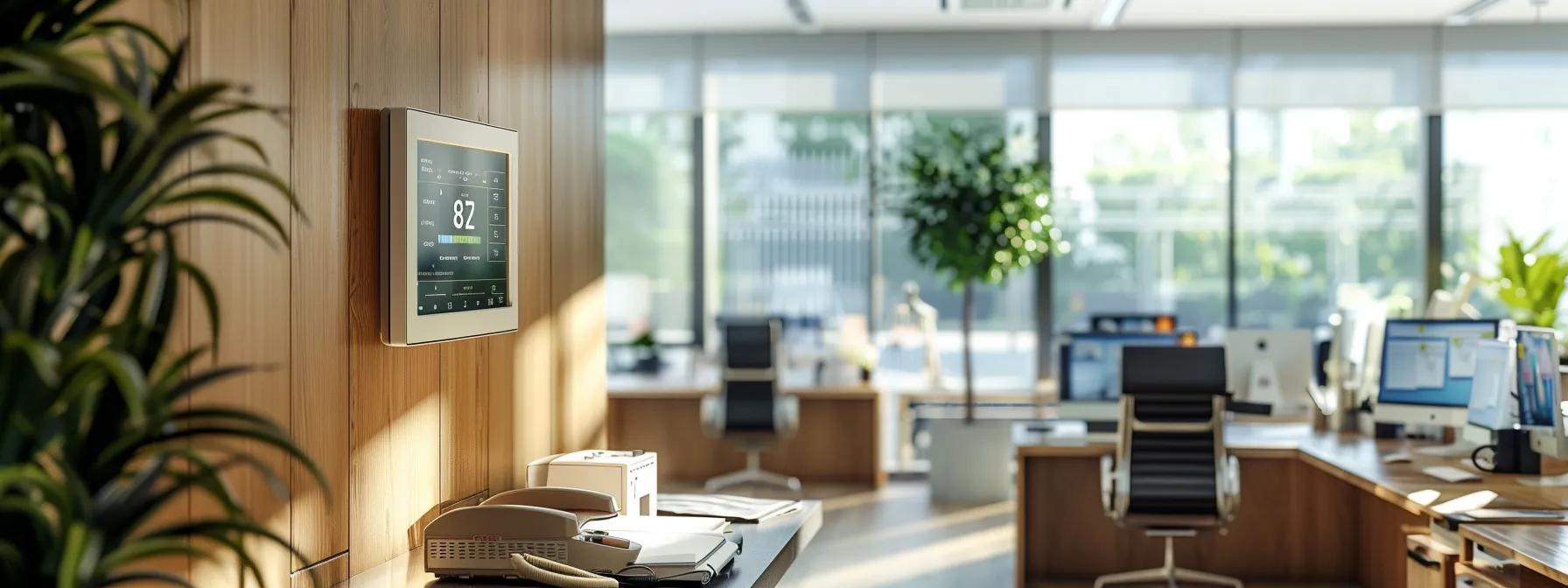 a modern, meticulously organized office setting showcases a sleek digital thermostat mounted on the wall, surrounded by high-tech environmental monitoring devices, emphasizing a commitment to safety and energy efficiency in smart climate control practices. a modern, meticulously organized office setting showcases a sleek digital thermostat mounted on the wall, surrounded by high-tech environmental monitoring devices, emphasizing a commitment to safety and energy efficiency in smart climate control practices.