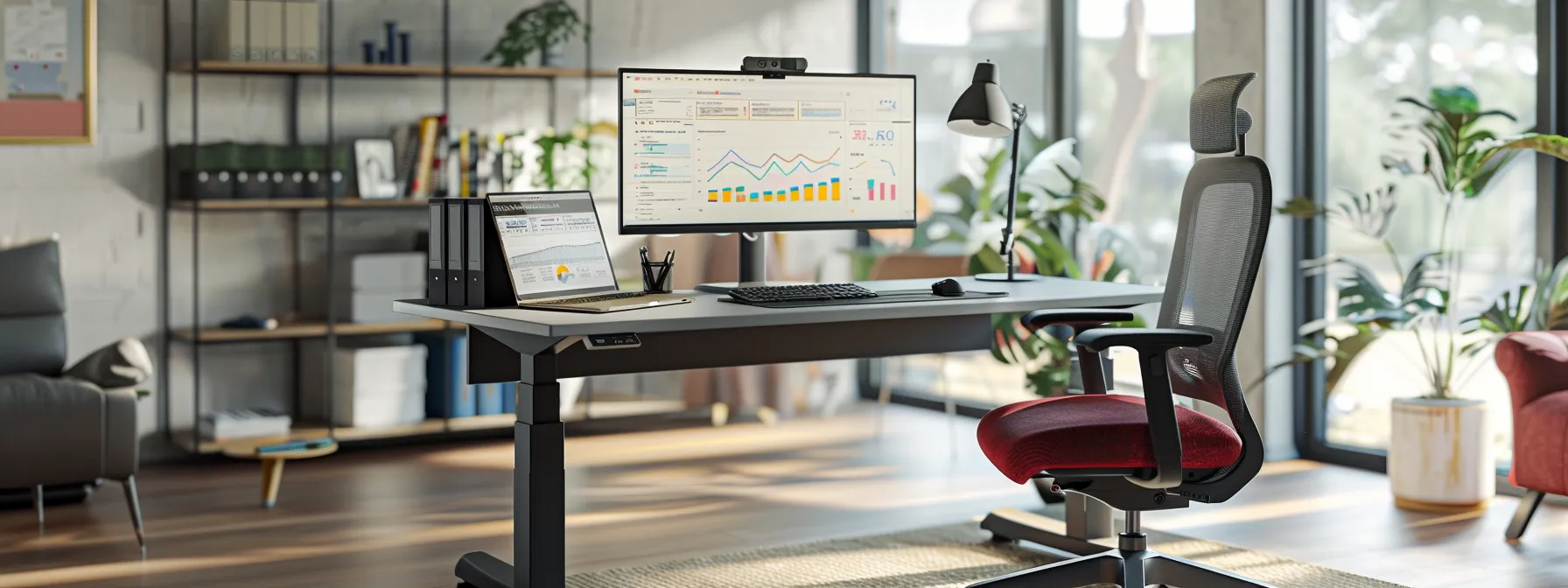 a modern office desk with a computer displaying graphs and charts, showing the impact of email automation on productivity. a modern office desk with a computer displaying graphs and charts, showing the impact of email automation on productivity.