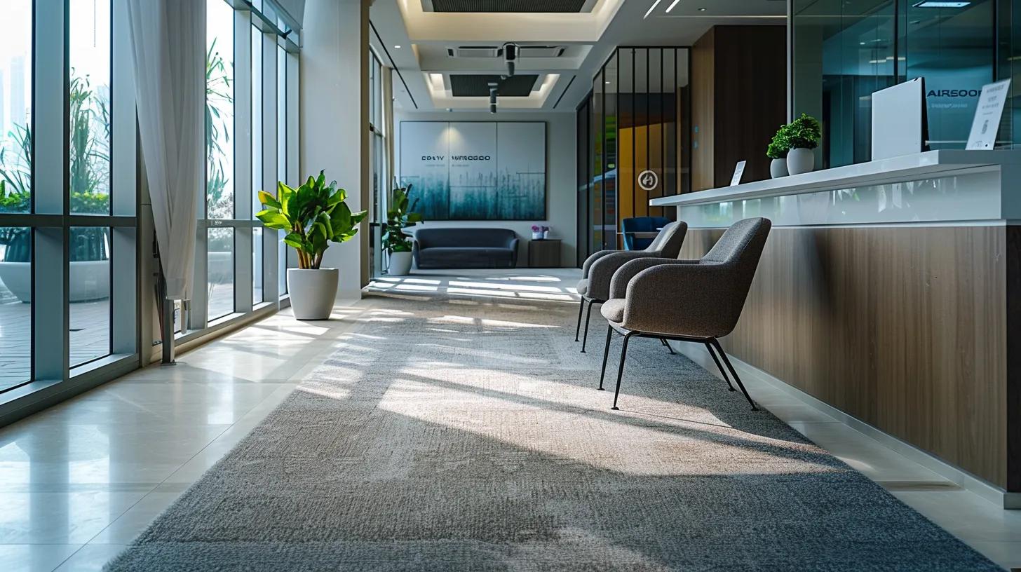 a modern office environment features polished carpets being cleaned with various commercial carpet shampoos displayed on sleek counters, showcasing their key features and benefits in a professional, well-lit setting.