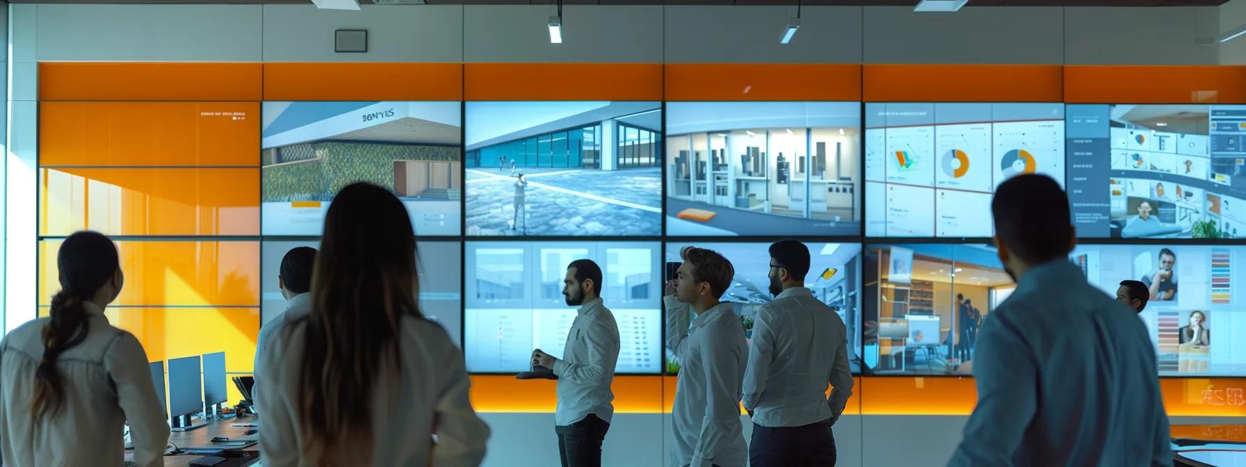a modern office environment filled with vibrant digital screens displaying architectural designs and educational materials, showcasing a diverse group of professionals engaged in animated discussions about selecting the right architecture course for their career aspirations.