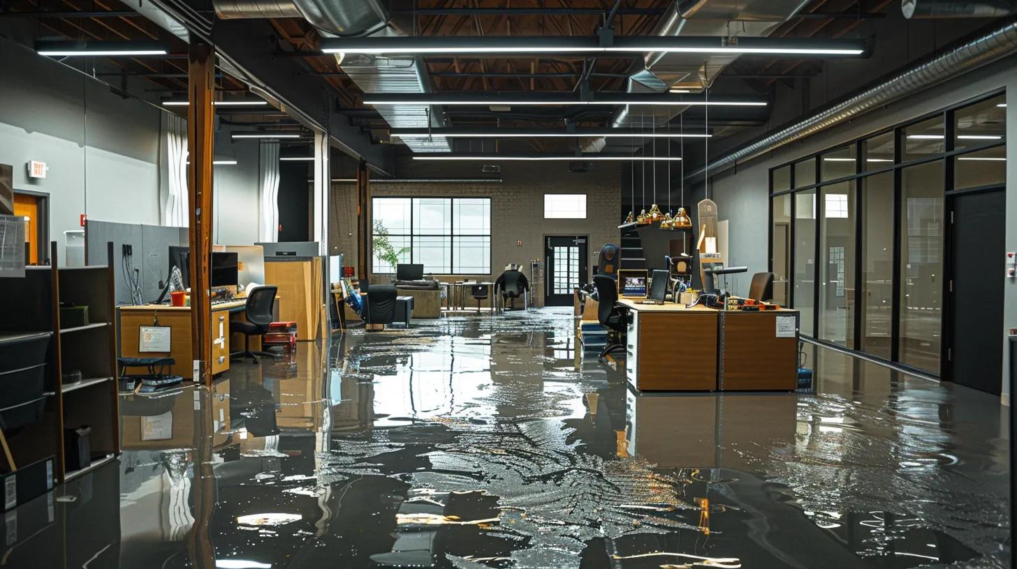 a modern office in mesa, az, bustling with water damage restoration specialists using advanced equipment to efficiently clean and restore a water-damaged room, showcasing the urgency and professionalism of the restoration process.