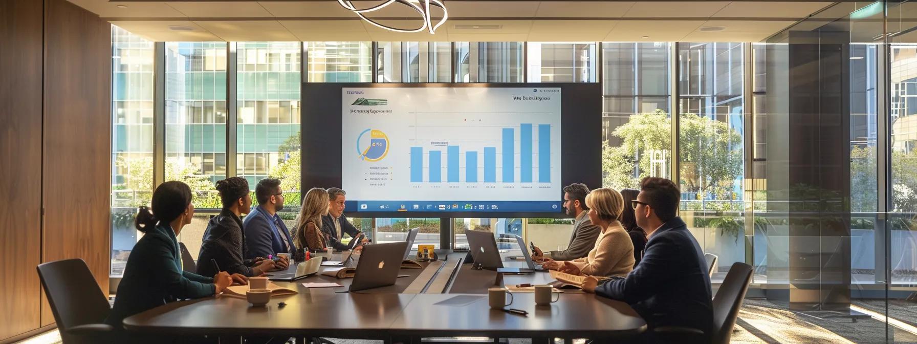 a modern office meeting room showcases a diverse group of professionals engaging in a dynamic discussion around a sleek conference table, with detailed charts and documents contrasting medicare advantage and medicare supplement plans displayed prominently on a digital screen.
