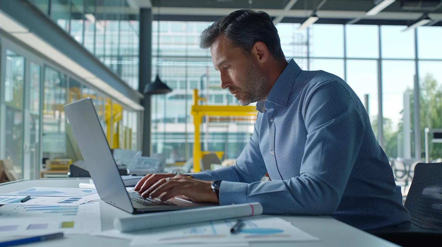a modern office scene features a focused consultant analyzing detailed financial charts and projections on a sleek laptop, surrounded by graphs and construction blueprints to emphasize the strategic use of budget management in ensuring timely project delivery. a modern office scene features a focused consultant analyzing detailed financial charts and projections on a sleek laptop, surrounded by graphs and construction blueprints to emphasize the strategic use of budget management in ensuring timely project delivery.