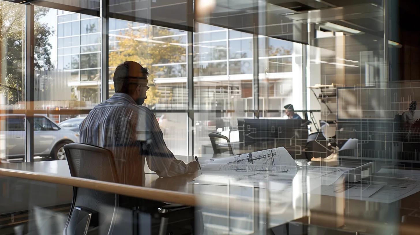 a modern office setting showcases an architect reviewing a detailed blueprint and a building permit on a sleek, glass conference table, emphasizing the professionalism and importance of compliance in construction projects.
