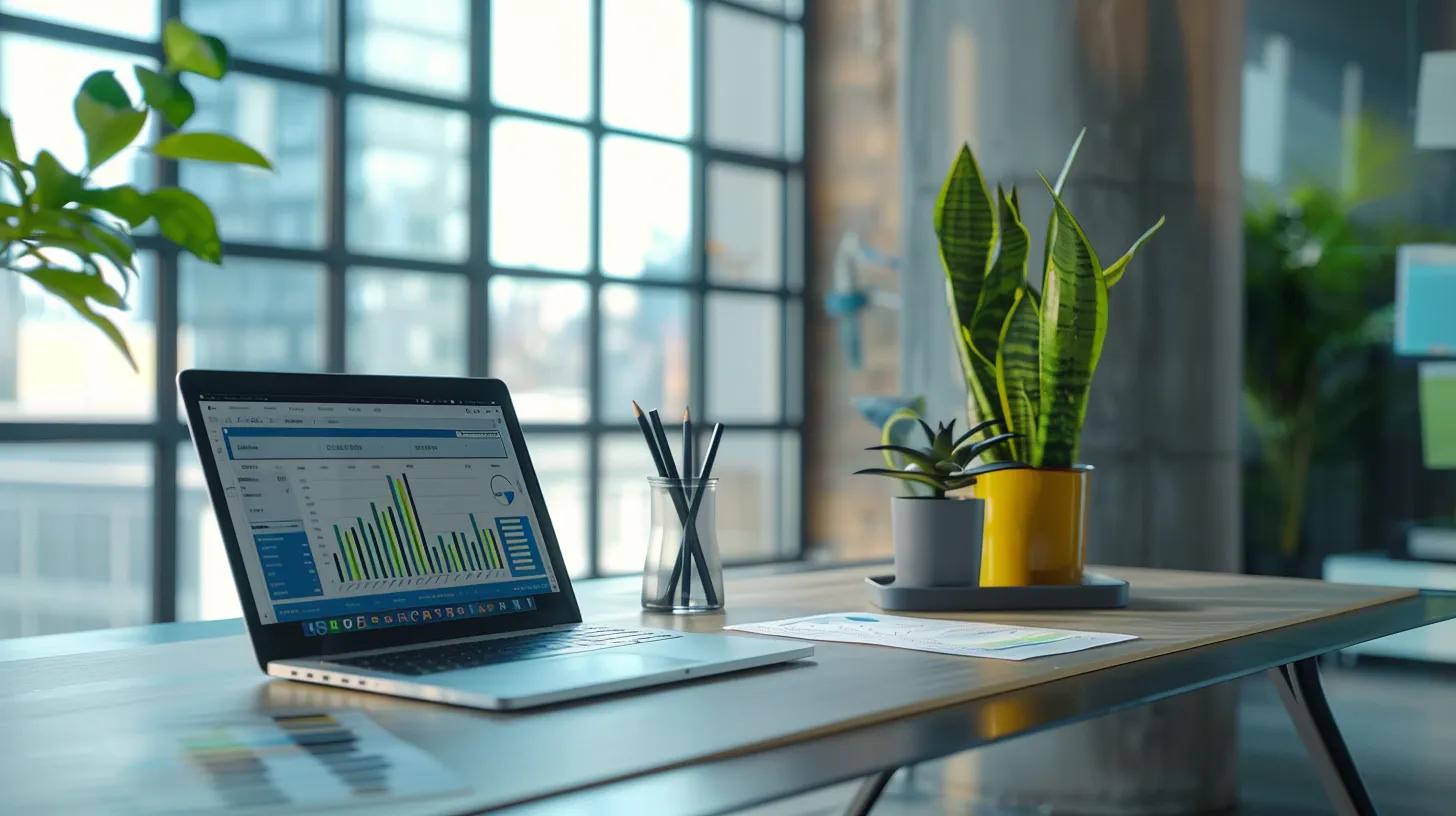 Modern office desk with laptop displaying business analytics, potted plants, and stationery, emphasizing the importance of accurate NAP data for local SEO in Tampa.