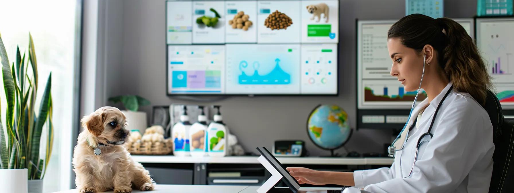 a modern office setting showcases a veterinary nutritionist analyzing grain-free puppy food labels on a sleek digital tablet, surrounded by vibrant infographics and customer review highlights displayed on a large screen, conveying expert insights and real-world evaluations. a modern office setting showcases a veterinary nutritionist analyzing grain-free puppy food labels on a sleek digital tablet, surrounded by vibrant infographics and customer review highlights displayed on a large screen, conveying expert insights and real-world evaluations.