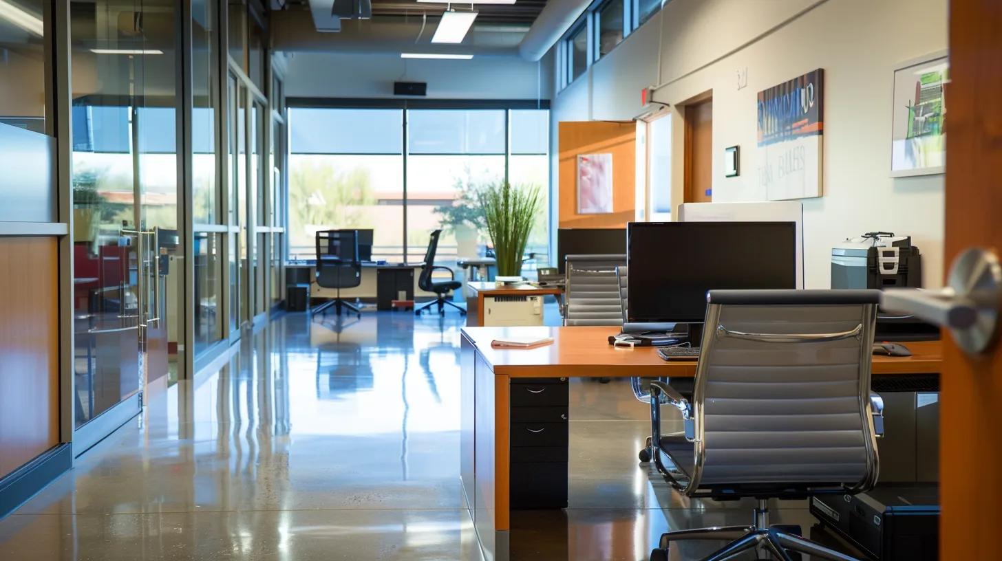 a modern office space in mesa, az, showcasing a professional, busy environment with a high-tech water sensor prominently displayed on a sleek desk, emphasizing proactive measures against water damage.